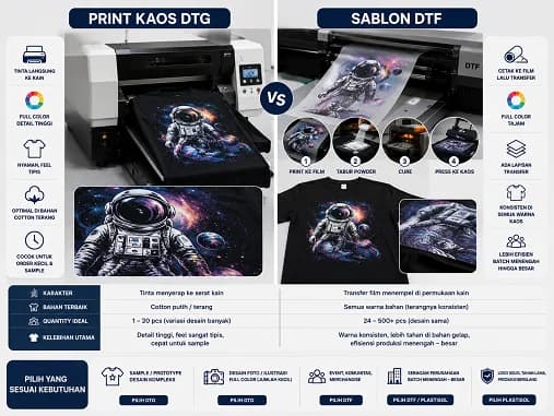 Print Kaos DTG vs DTF: Perbedaan Teknik untuk Produksi Apparel B2B — Print kaos DTG (Direct to Garment) dan sablon DTF sering dibandingkan untuk desain full color. Artikel ini menjelaska…
